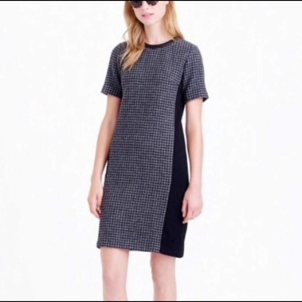 J Crew Wool Leather Mixed Hounds Tooth Midi Dress